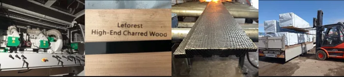 Leforest production: profiling machine, board with the Leforest mark, freshly charred board on the charring line, wrapped timber packs loaded for delivery